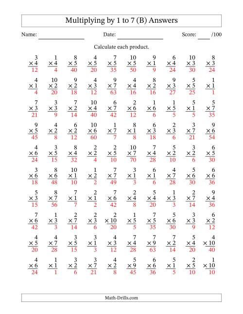 The Multiplying (1 to 10) by 1 to 7 (100 Questions) (B) Math Worksheet Page 2