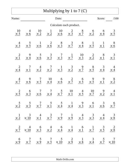 The Multiplying (1 to 10) by 1 to 7 (100 Questions) (C) Math Worksheet