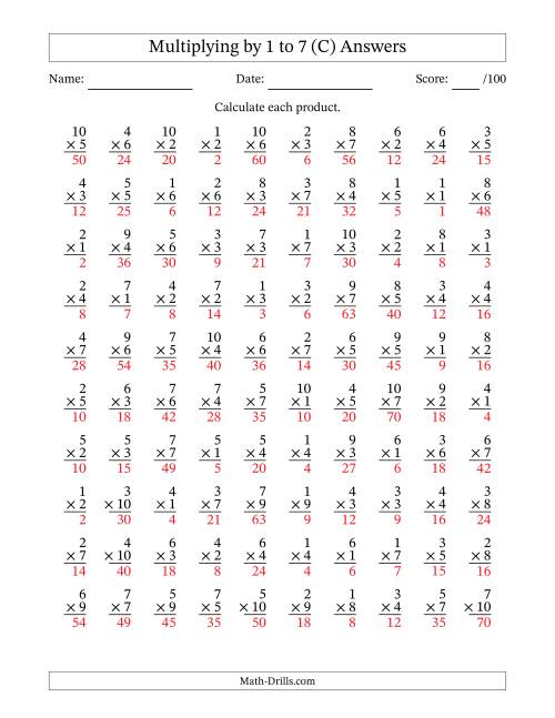 The Multiplying (1 to 10) by 1 to 7 (100 Questions) (C) Math Worksheet Page 2