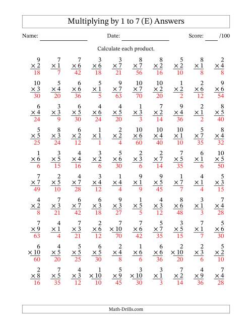 The Multiplying (1 to 10) by 1 to 7 (100 Questions) (E) Math Worksheet Page 2