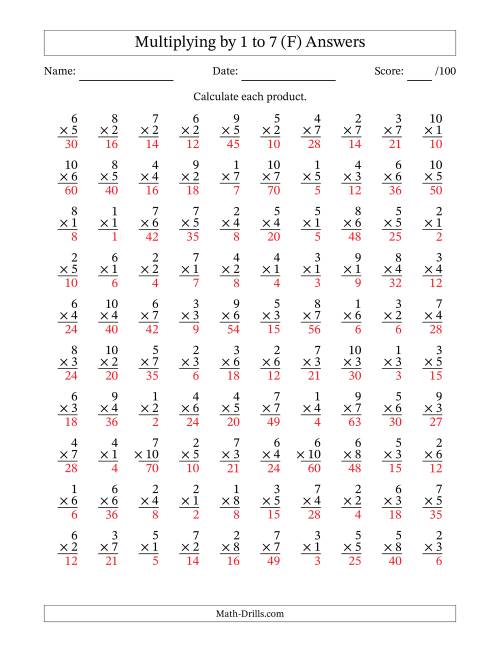 The Multiplying (1 to 10) by 1 to 7 (100 Questions) (F) Math Worksheet Page 2