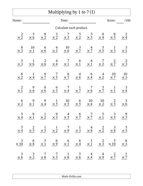 The Multiplying (1 to 10) by 1 to 7 (100 Questions) (I) Math Worksheet