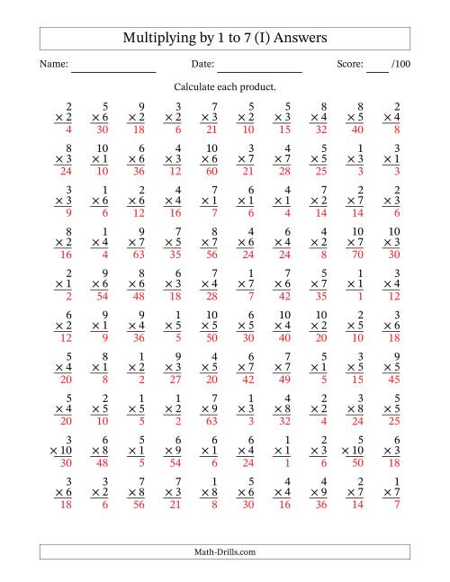 The Multiplying (1 to 10) by 1 to 7 (100 Questions) (I) Math Worksheet Page 2