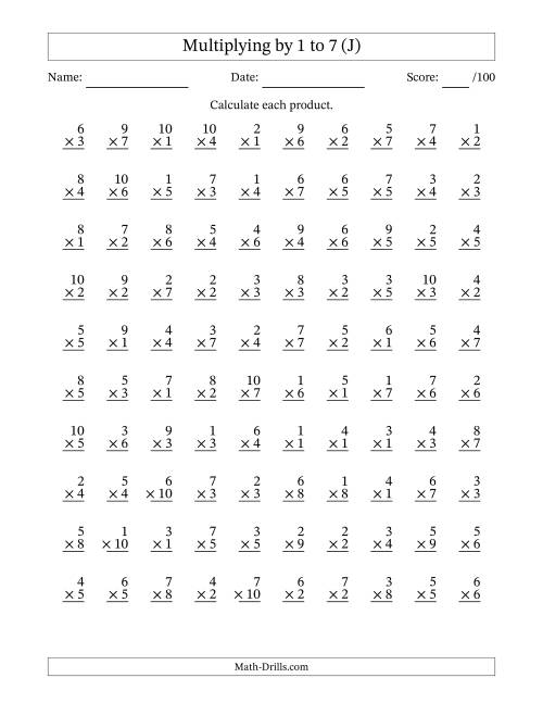 The Multiplying (1 to 10) by 1 to 7 (100 Questions) (J) Math Worksheet