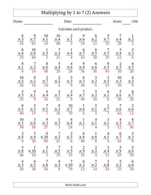 The Multiplying (1 to 10) by 1 to 7 (100 Questions) (J) Math Worksheet Page 2