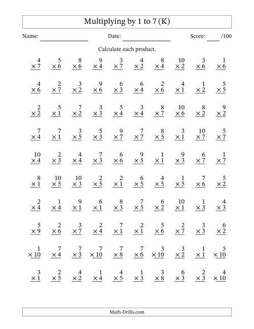 The Multiplying (1 to 10) by 1 to 7 (100 Questions) (K) Math Worksheet