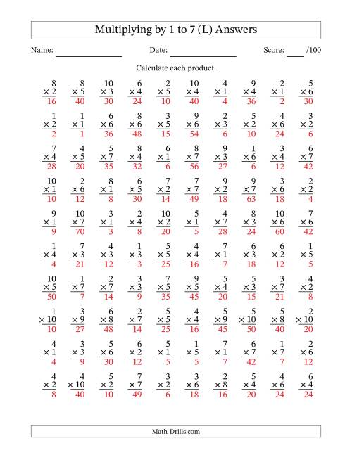 The Multiplying (1 to 10) by 1 to 7 (100 Questions) (L) Math Worksheet Page 2