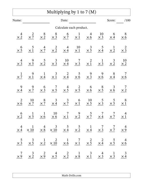 The Multiplying (1 to 10) by 1 to 7 (100 Questions) (M) Math Worksheet