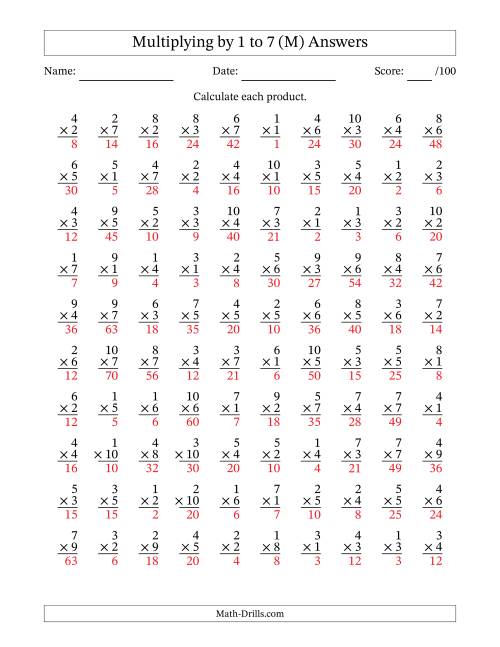 The Multiplying (1 to 10) by 1 to 7 (100 Questions) (M) Math Worksheet Page 2