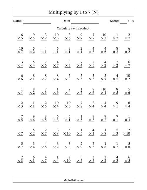 The Multiplying (1 to 10) by 1 to 7 (100 Questions) (N) Math Worksheet