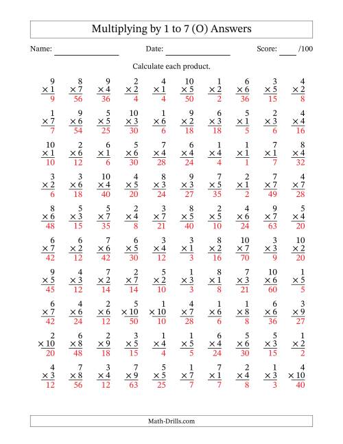 The Multiplying (1 to 10) by 1 to 7 (100 Questions) (O) Math Worksheet Page 2