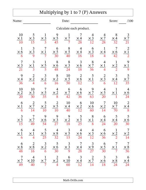 The Multiplying (1 to 10) by 1 to 7 (100 Questions) (P) Math Worksheet Page 2