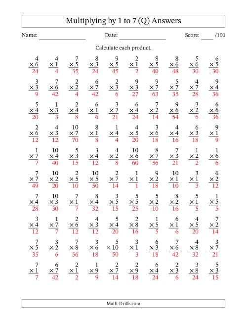 The Multiplying (1 to 10) by 1 to 7 (100 Questions) (Q) Math Worksheet Page 2