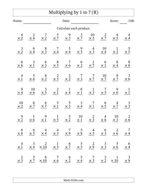 The Multiplying (1 to 10) by 1 to 7 (100 Questions) (R) Math Worksheet