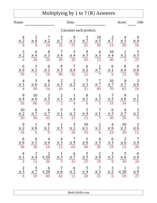 The Multiplying (1 to 10) by 1 to 7 (100 Questions) (R) Math Worksheet Page 2