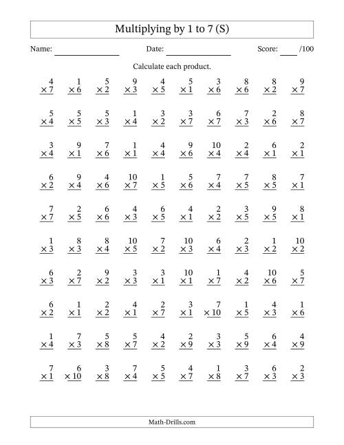 The Multiplying (1 to 10) by 1 to 7 (100 Questions) (S) Math Worksheet
