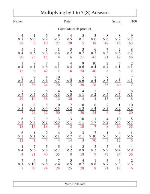 The Multiplying (1 to 10) by 1 to 7 (100 Questions) (S) Math Worksheet Page 2
