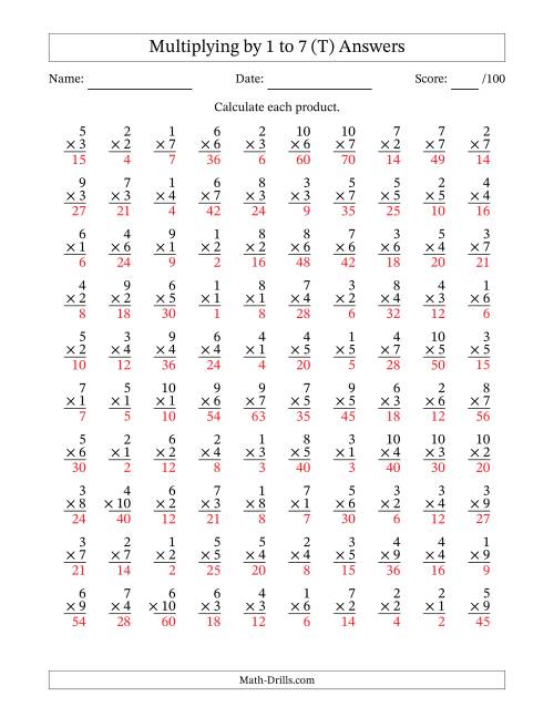 The Multiplying (1 to 10) by 1 to 7 (100 Questions) (T) Math Worksheet Page 2