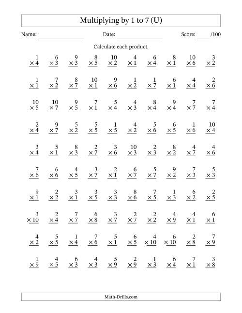 The Multiplying (1 to 10) by 1 to 7 (100 Questions) (U) Math Worksheet