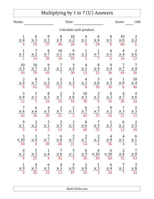 The Multiplying (1 to 10) by 1 to 7 (100 Questions) (U) Math Worksheet Page 2