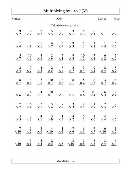 The Multiplying (1 to 10) by 1 to 7 (100 Questions) (V) Math Worksheet