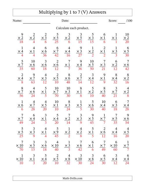 The Multiplying (1 to 10) by 1 to 7 (100 Questions) (V) Math Worksheet Page 2