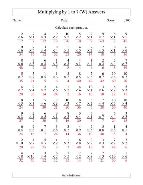 The Multiplying (1 to 10) by 1 to 7 (100 Questions) (W) Math Worksheet Page 2