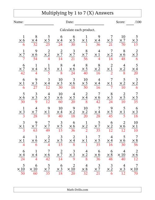 The Multiplying (1 to 10) by 1 to 7 (100 Questions) (X) Math Worksheet Page 2