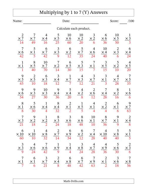 The Multiplying (1 to 10) by 1 to 7 (100 Questions) (Y) Math Worksheet Page 2