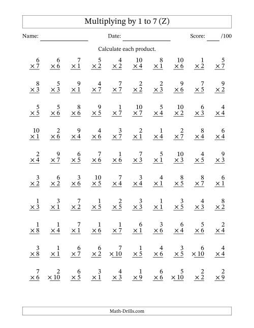 The Multiplying (1 to 10) by 1 to 7 (100 Questions) (Z) Math Worksheet