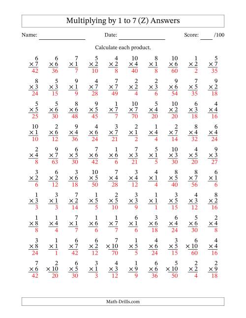 The Multiplying (1 to 10) by 1 to 7 (100 Questions) (Z) Math Worksheet Page 2