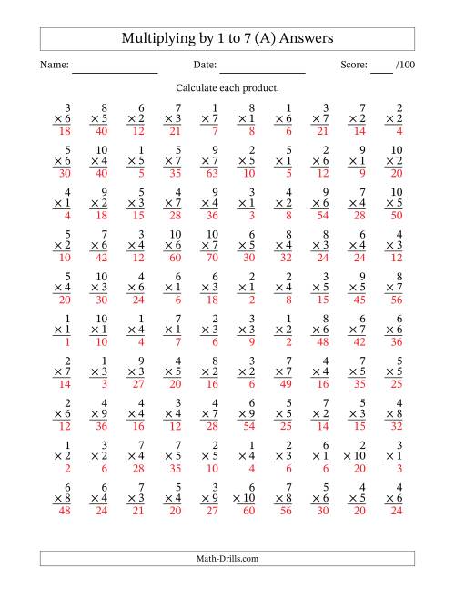 The Multiplying (1 to 10) by 1 to 7 (100 Questions) (All) Math Worksheet Page 2