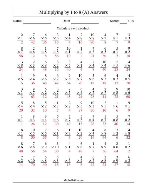 The Multiplying (1 to 10) by 1 to 8 (100 Questions) (A) Math Worksheet Page 2
