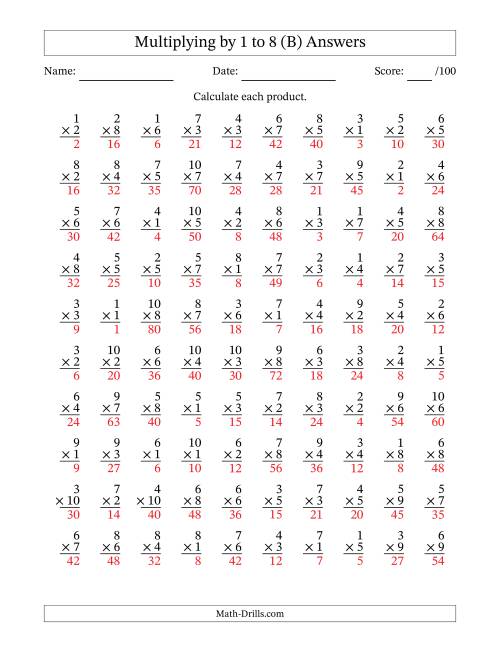 The Multiplying (1 to 10) by 1 to 8 (100 Questions) (B) Math Worksheet Page 2