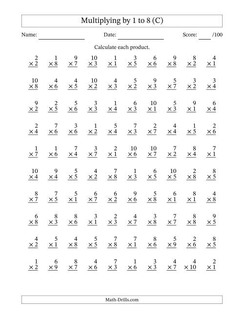 The Multiplying (1 to 10) by 1 to 8 (100 Questions) (C) Math Worksheet