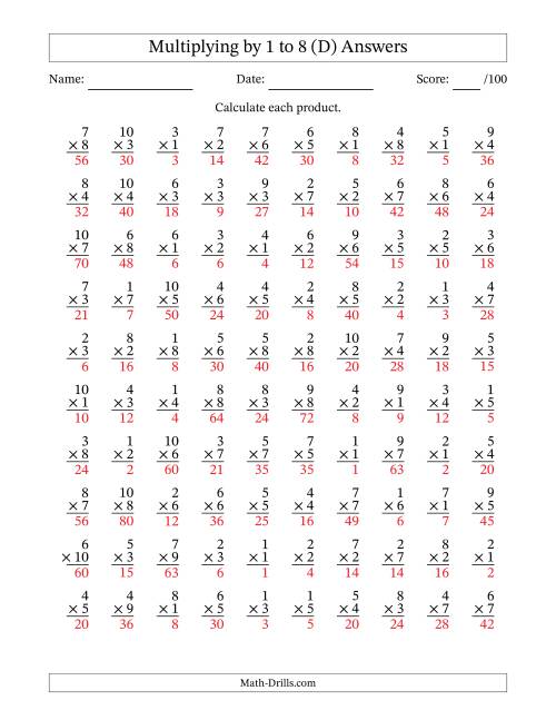 The Multiplying (1 to 10) by 1 to 8 (100 Questions) (D) Math Worksheet Page 2