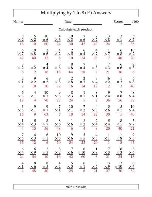 The Multiplying (1 to 10) by 1 to 8 (100 Questions) (E) Math Worksheet Page 2