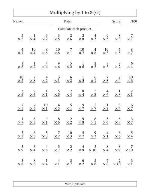 The Multiplying (1 to 10) by 1 to 8 (100 Questions) (G) Math Worksheet