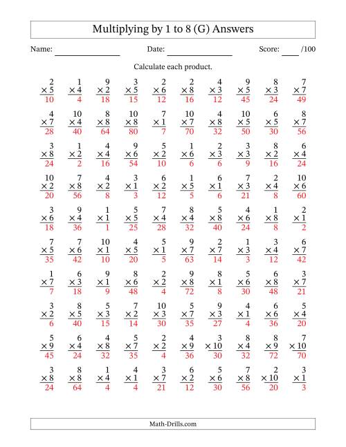 The Multiplying (1 to 10) by 1 to 8 (100 Questions) (G) Math Worksheet Page 2