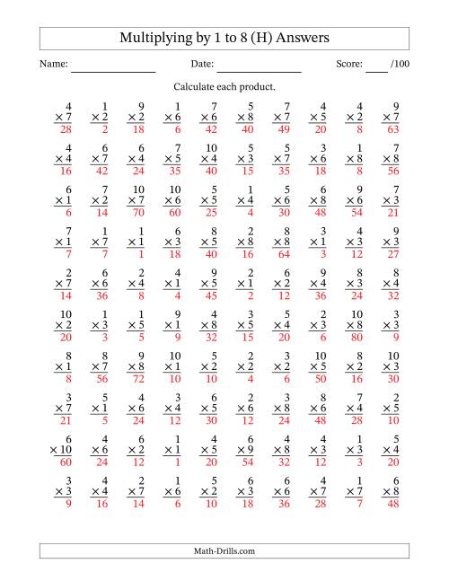 The Multiplying (1 to 10) by 1 to 8 (100 Questions) (H) Math Worksheet Page 2