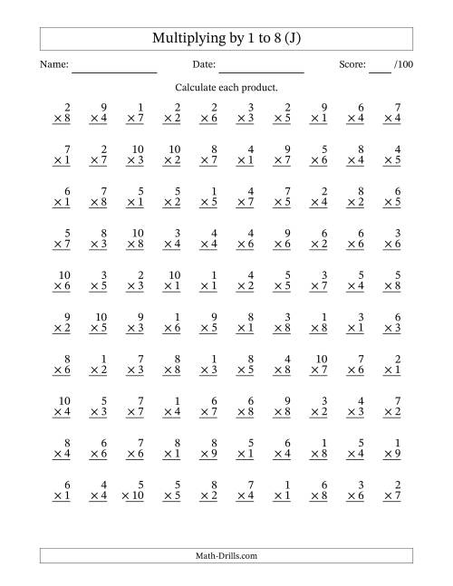 The Multiplying (1 to 10) by 1 to 8 (100 Questions) (J) Math Worksheet