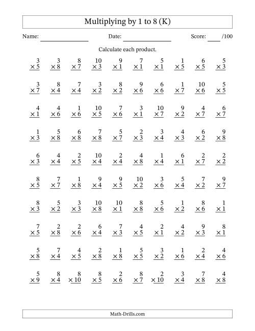 The Multiplying (1 to 10) by 1 to 8 (100 Questions) (K) Math Worksheet