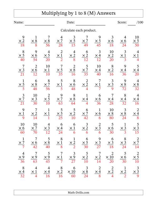 The Multiplying (1 to 10) by 1 to 8 (100 Questions) (M) Math Worksheet Page 2