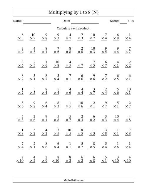The Multiplying (1 to 10) by 1 to 8 (100 Questions) (N) Math Worksheet
