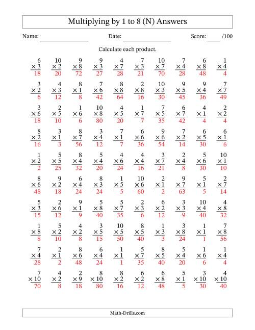 The Multiplying (1 to 10) by 1 to 8 (100 Questions) (N) Math Worksheet Page 2