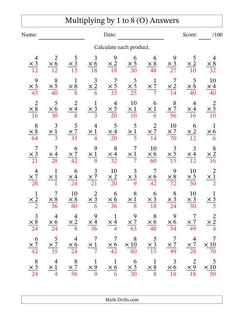 The Multiplying (1 to 10) by 1 to 8 (100 Questions) (O) Math Worksheet Page 2