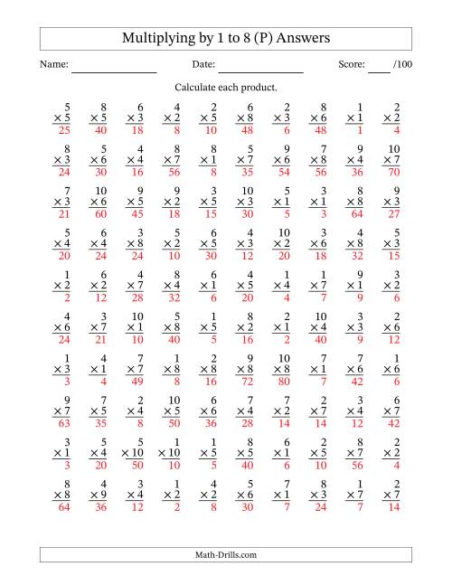 The Multiplying (1 to 10) by 1 to 8 (100 Questions) (P) Math Worksheet Page 2