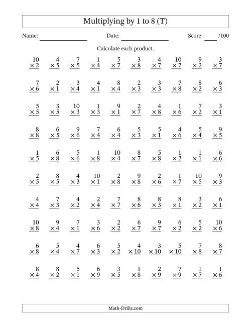 The Multiplying (1 to 10) by 1 to 8 (100 Questions) (T) Math Worksheet