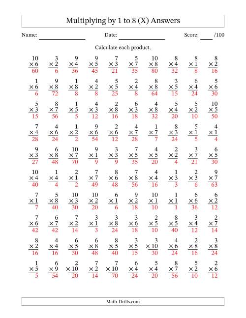 The Multiplying (1 to 10) by 1 to 8 (100 Questions) (X) Math Worksheet Page 2