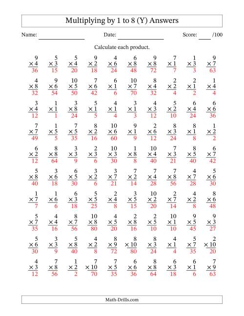 The Multiplying (1 to 10) by 1 to 8 (100 Questions) (Y) Math Worksheet Page 2